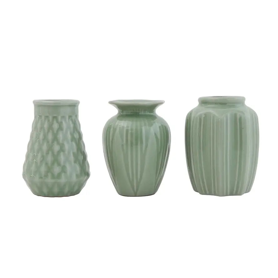Round jade stoneware vase with crackle glaze finish