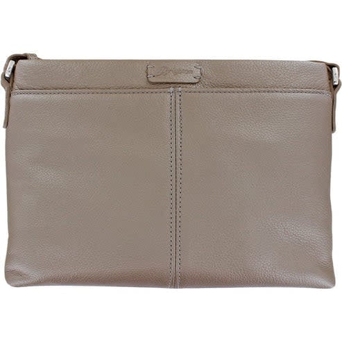 Zinc Pearl leather Jagger cross body organizer with nailhead studs, zippered compartments, and exterior pockets.