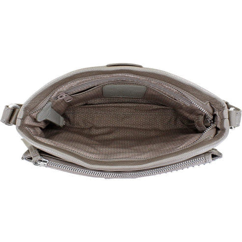 Zinc Pearl leather cross body organizer with nailhead studs, zippered compartments, and exterior pockets.