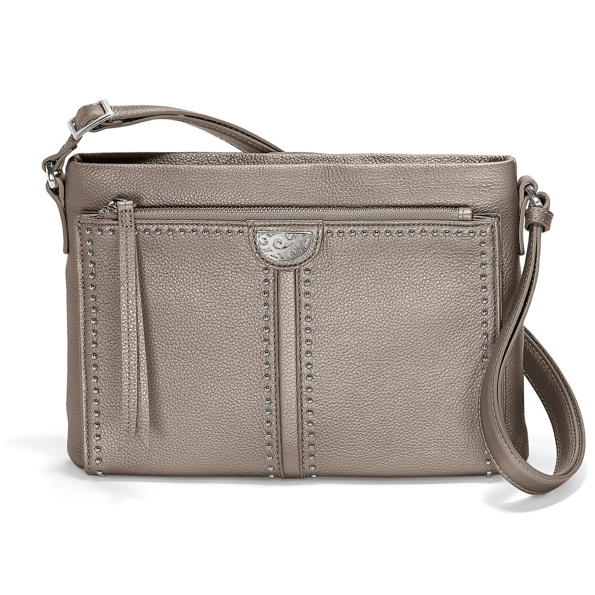 Zinc Pearl leather crossbody organizer with nailhead studs, zippered compartments, and exterior pockets.