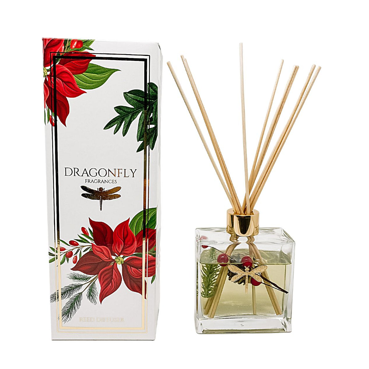 Square glass bottle with Dragonfly Poinsettia botanical fragrance oil and natural rattan reeds.