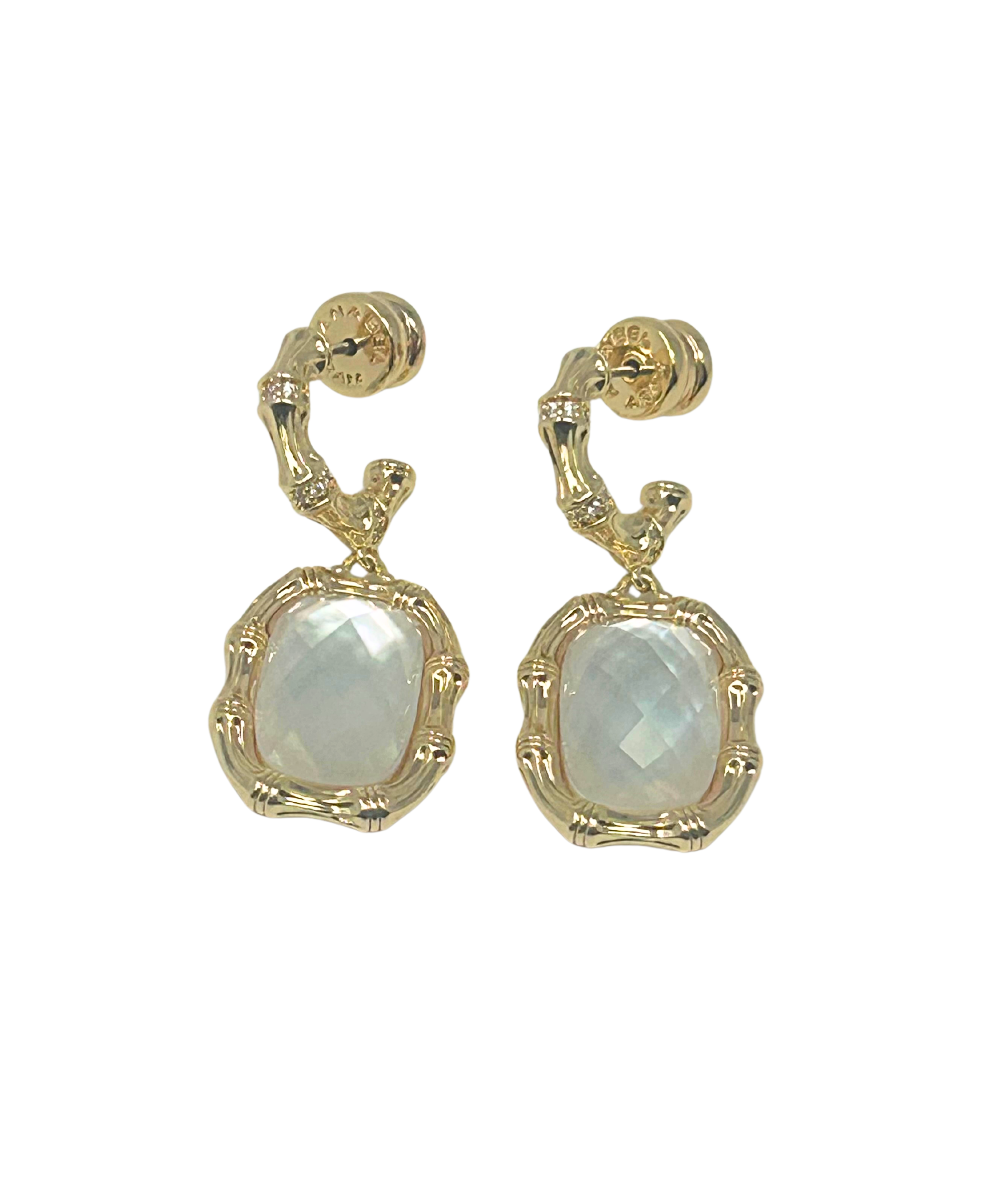 Gold-plated bamboo drop earrings with crystal pavé and faceted mother of pearl glass stones.