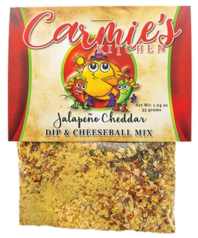 Bag of Jalapeno Cheddar Dip mix with visible red peppers and yellow cheese pieces.
