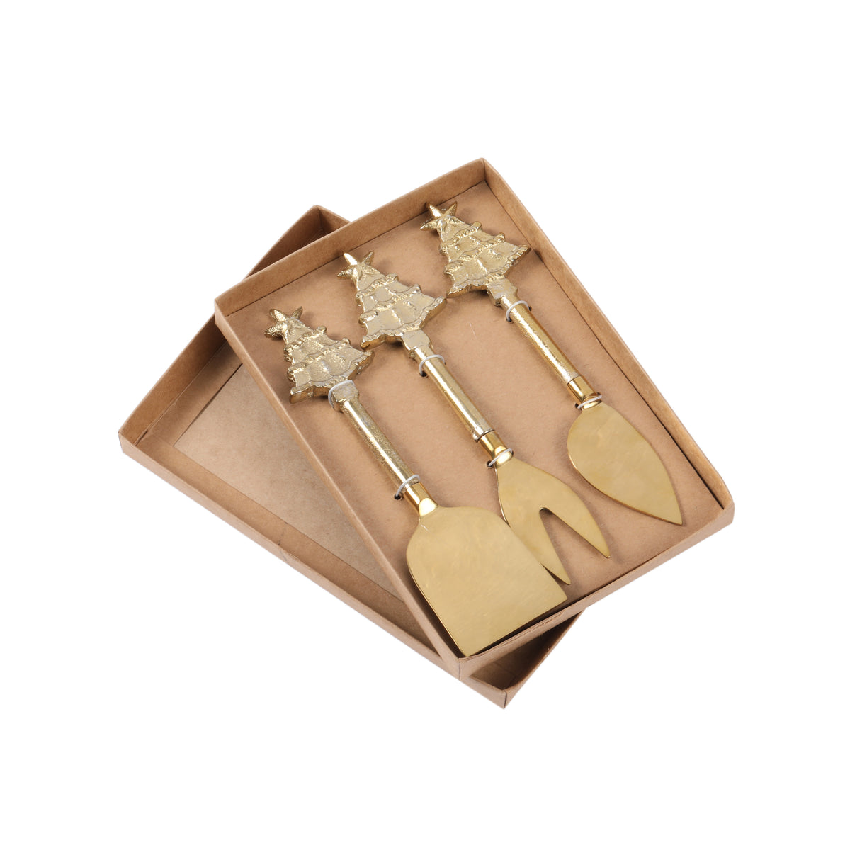 Set of three gold brass cheese servers with Christmas tree handles in a brown gift box.