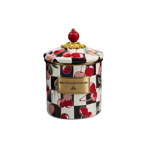 Mon Cheri Small Canister with black and white checks, cherry patterns, and a red cinnabar lid knob.
