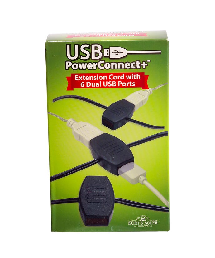 Kurt S. Adler USB PowerConnect+ Extension Cord box with 6 dual USB ports for holiday lighting.