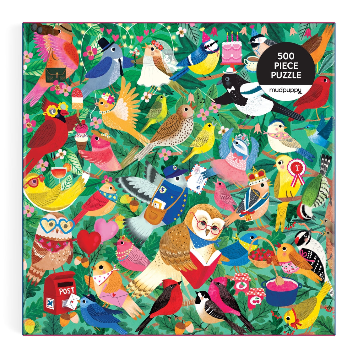 Wooden family puzzle featuring a colorful birding scene with five figures holding binoculars against a blue sky.
