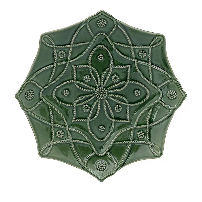 Set of four Jardins Du Monde stoneware dessert plates in basil green with a subtle leaf pattern.
