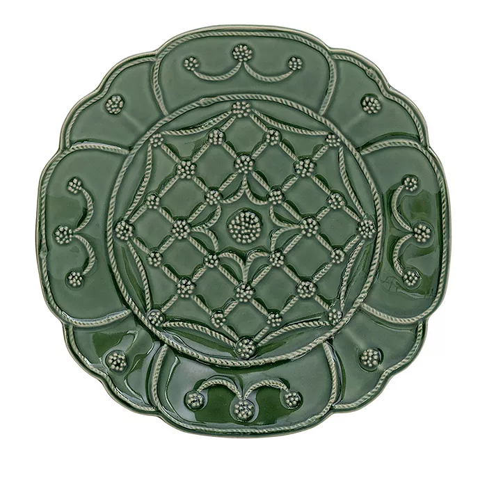Set of four stoneware dessert plates in basil green with a simple rim silhouette.