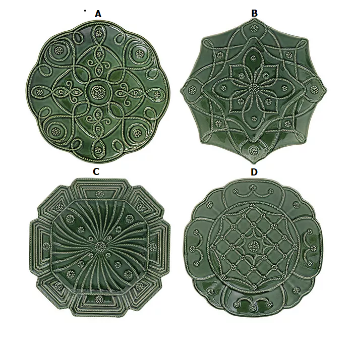 Set of four stoneware dessert plates in basil green with a subtle leaf pattern and rounded silhouette.