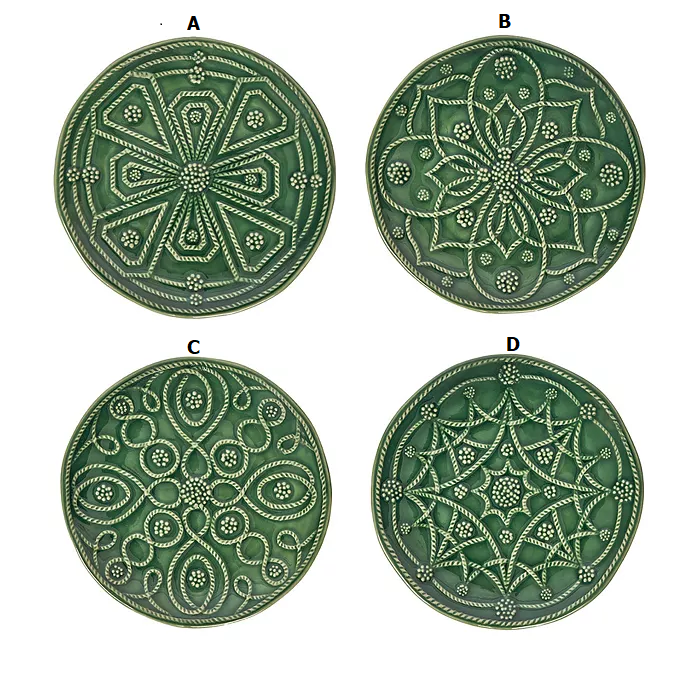 Set of four Jardins Du Monde stoneware side plates in Basil color with intricate berry and thread patterns.