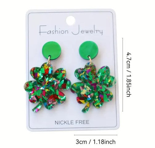 Green acrylic four-leaf clover earrings with sequin bling detailing