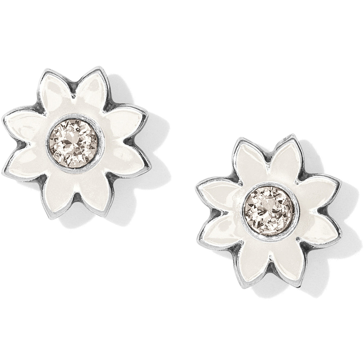 Silver-plated mini post earrings with white enamel jasmine blooms and fine quality crystal accents.