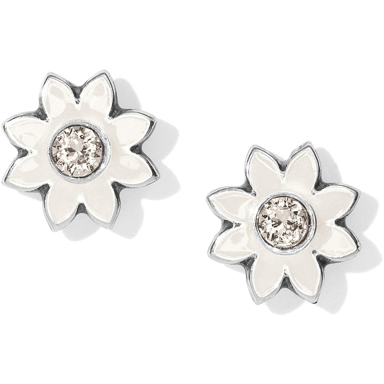 Silver-plated mini post earrings with white enamel jasmine blooms and fine quality crystal accents.