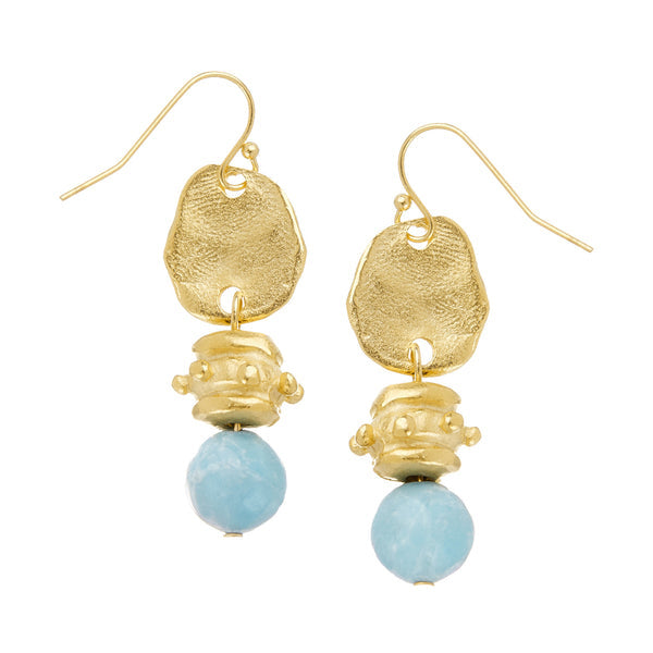 Midsize drop earrings with a gold-plated Bentley bead anchor and colorful jasper stone detail on fish hook backs.