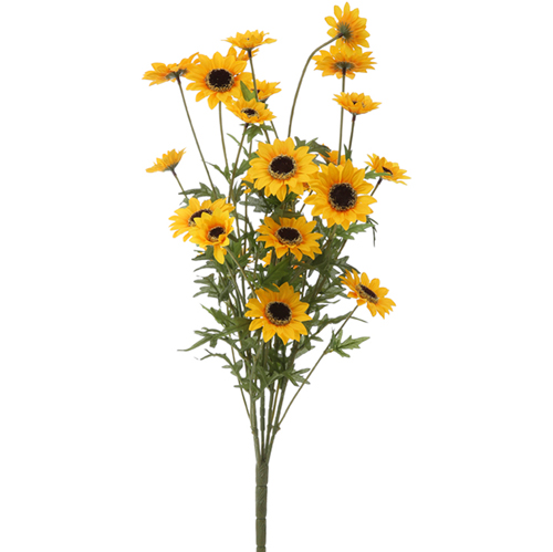 Artificial yellow black-eyed Susan bush with plastic petals on a green stem.
