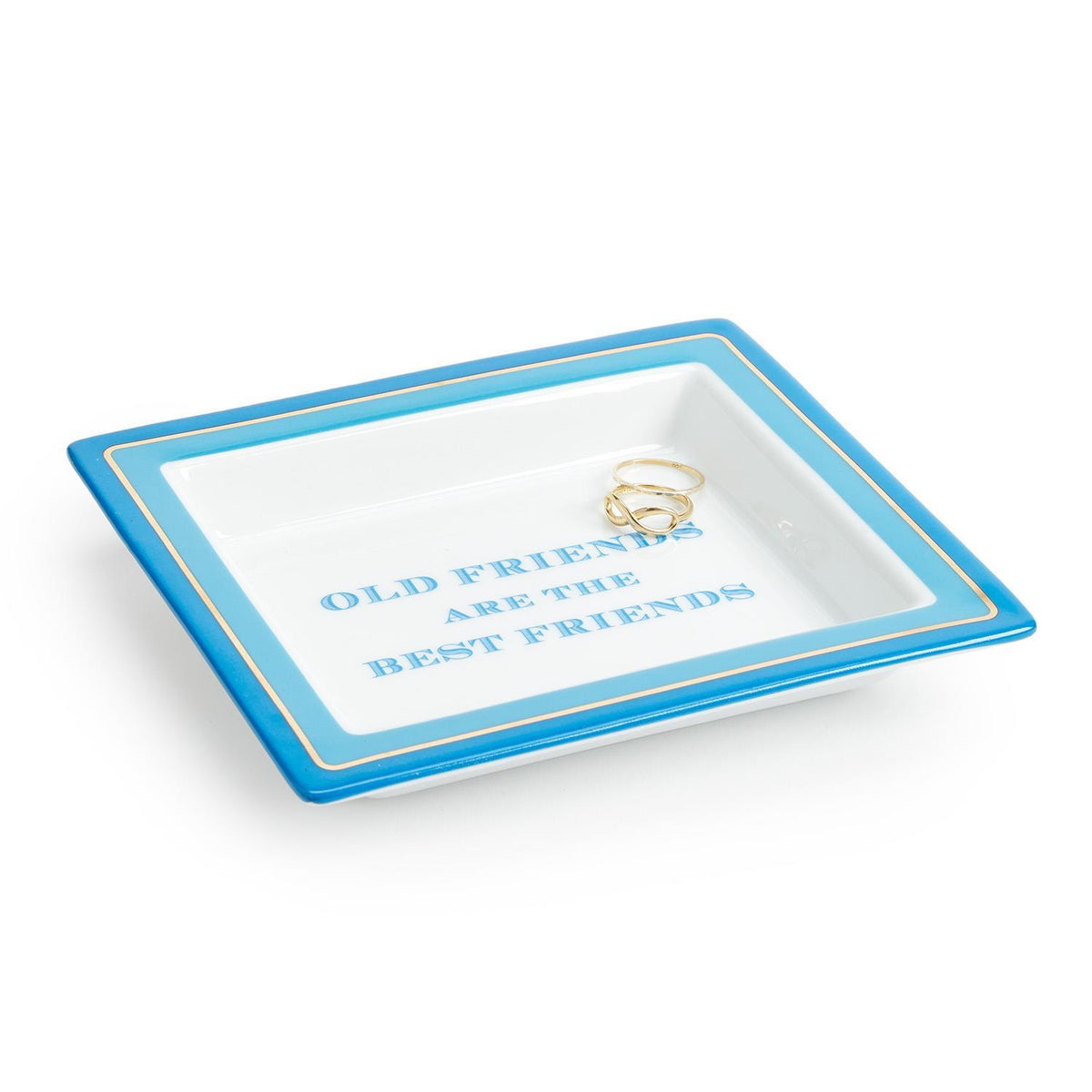 White porcelain desk tray with 'Old Friends are the Best Friends' text in a gift box.