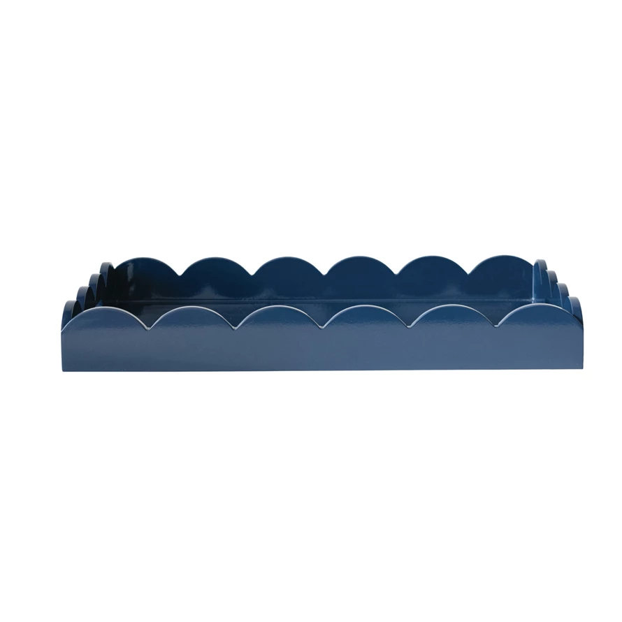 Navy MDF rectangular tray with scalloped edges and handles