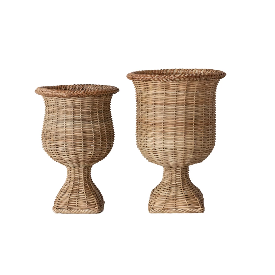 Round woven rattan urn with natural finish