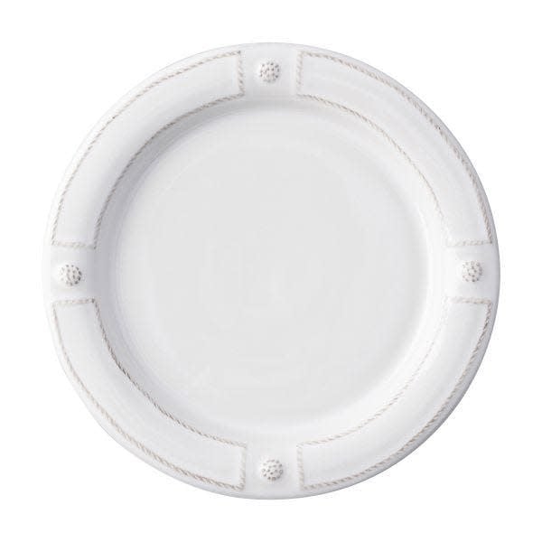 French Panel whitewash dinner plate with berry-colored rim detail