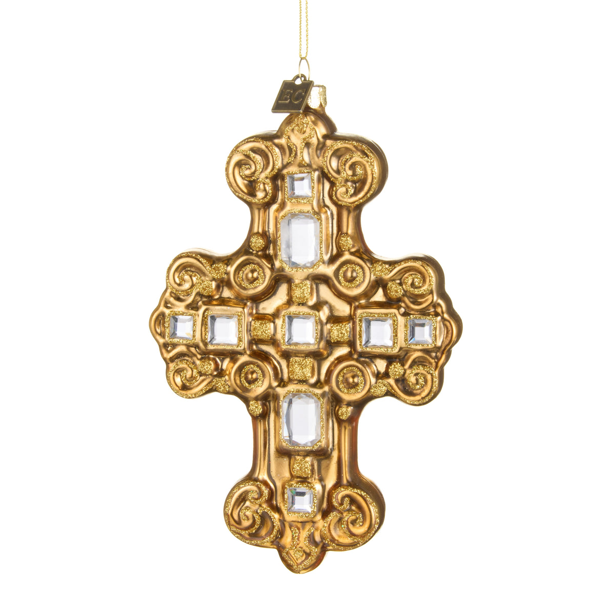 EC 6.25 inch gold cross ornament with clear jewels and glitter accents on a white background.