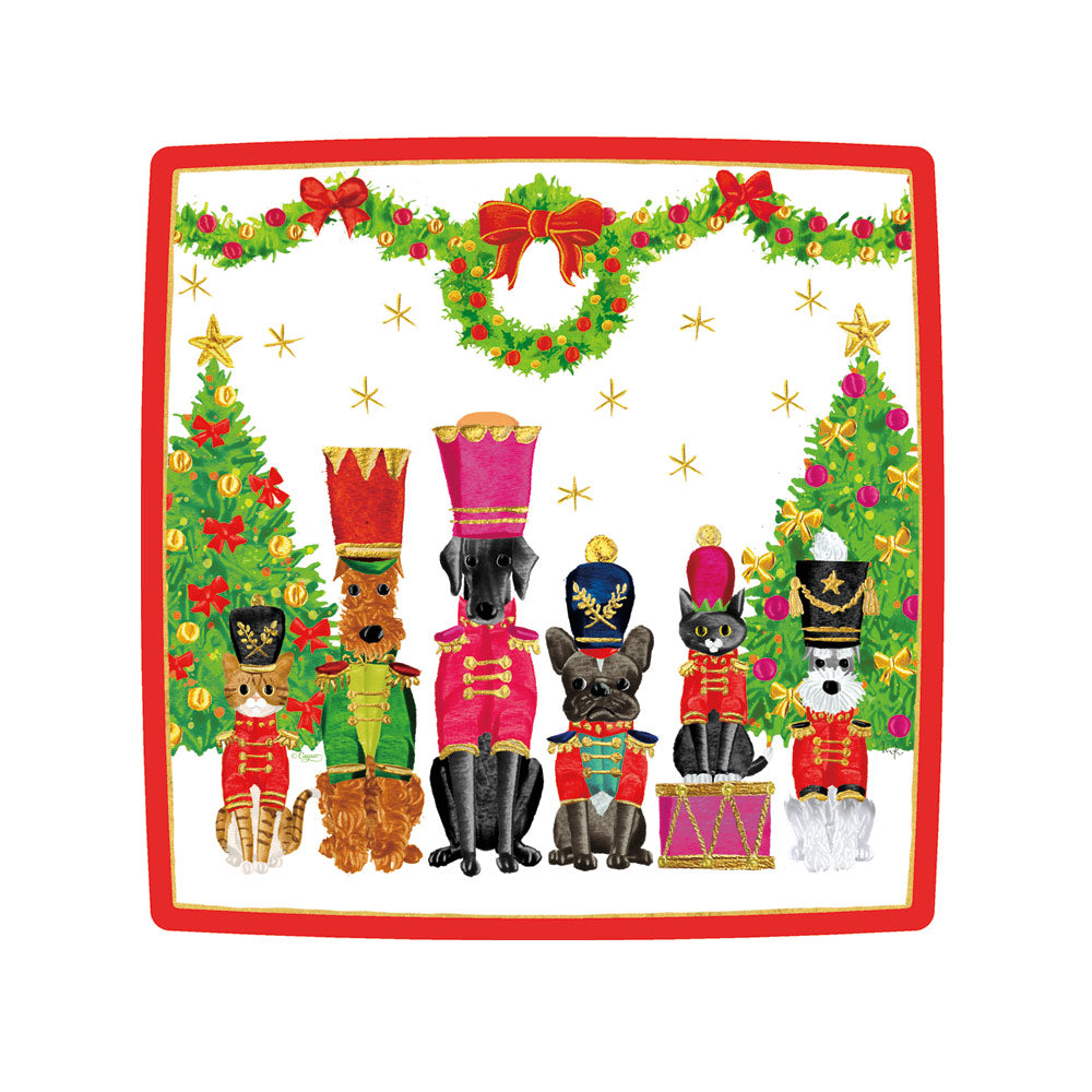 Square white plate with red border featuring cats and dogs dressed as toy soldiers.