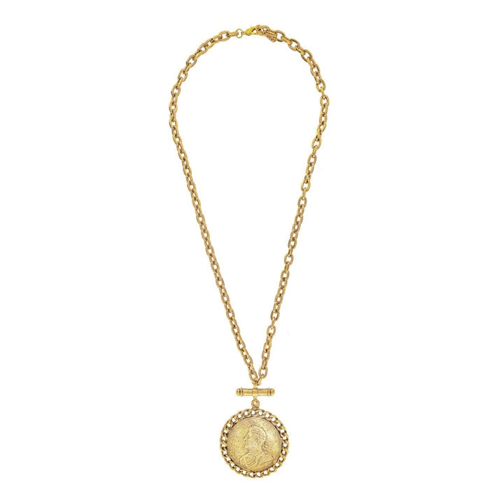 Mullen gold chain necklace with a 2.5-inch vintage medallion pendant and toggle connector.