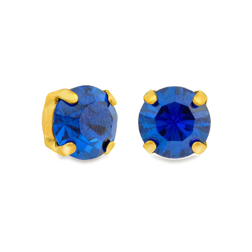 Antique gold plated brass stud earring with an 8mm clear crystal in a bohemian silhouette.