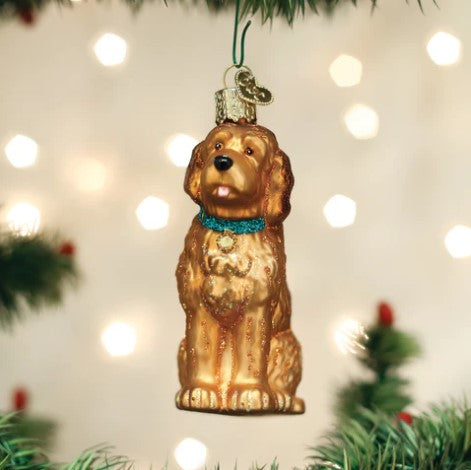 Irish Doodle ornament featuring a friendly dog silhouette with curly coat texture in earthy tones.