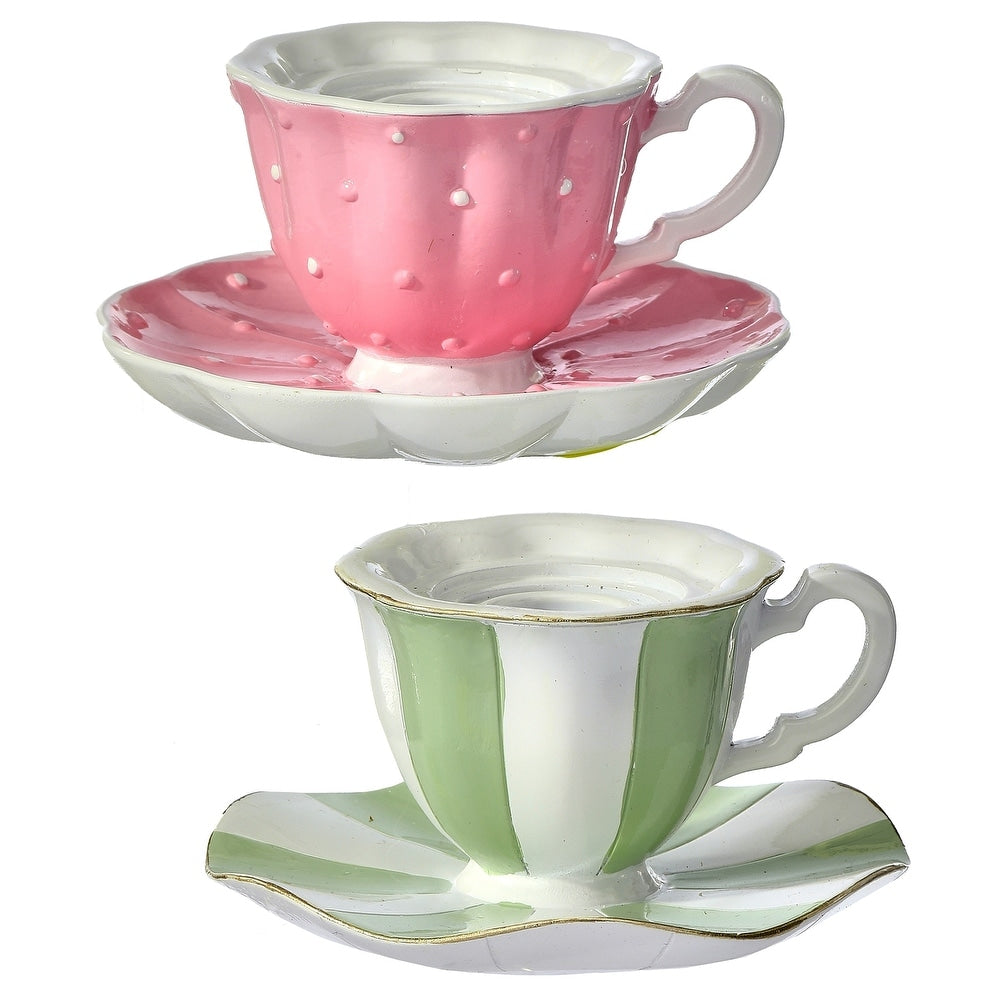 4.5-inch white resin tea cup taper candle holder with tapered silhouette.