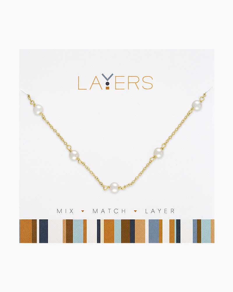 Gold-tone chain necklace featuring five evenly spaced petite white pearls on a display card.