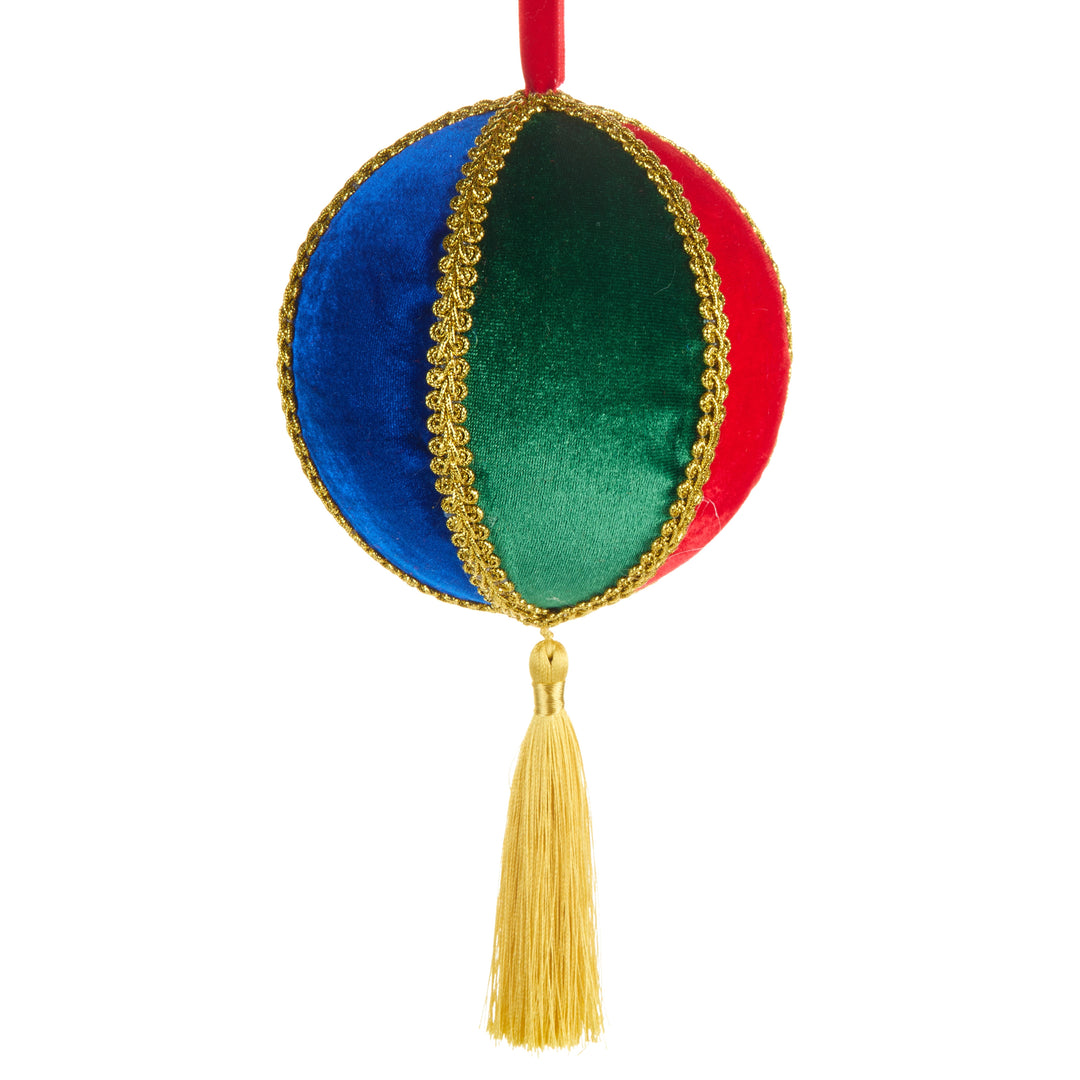 9-inch multicolor velvet Christmas ornament with gold trim and a yellow tassel.