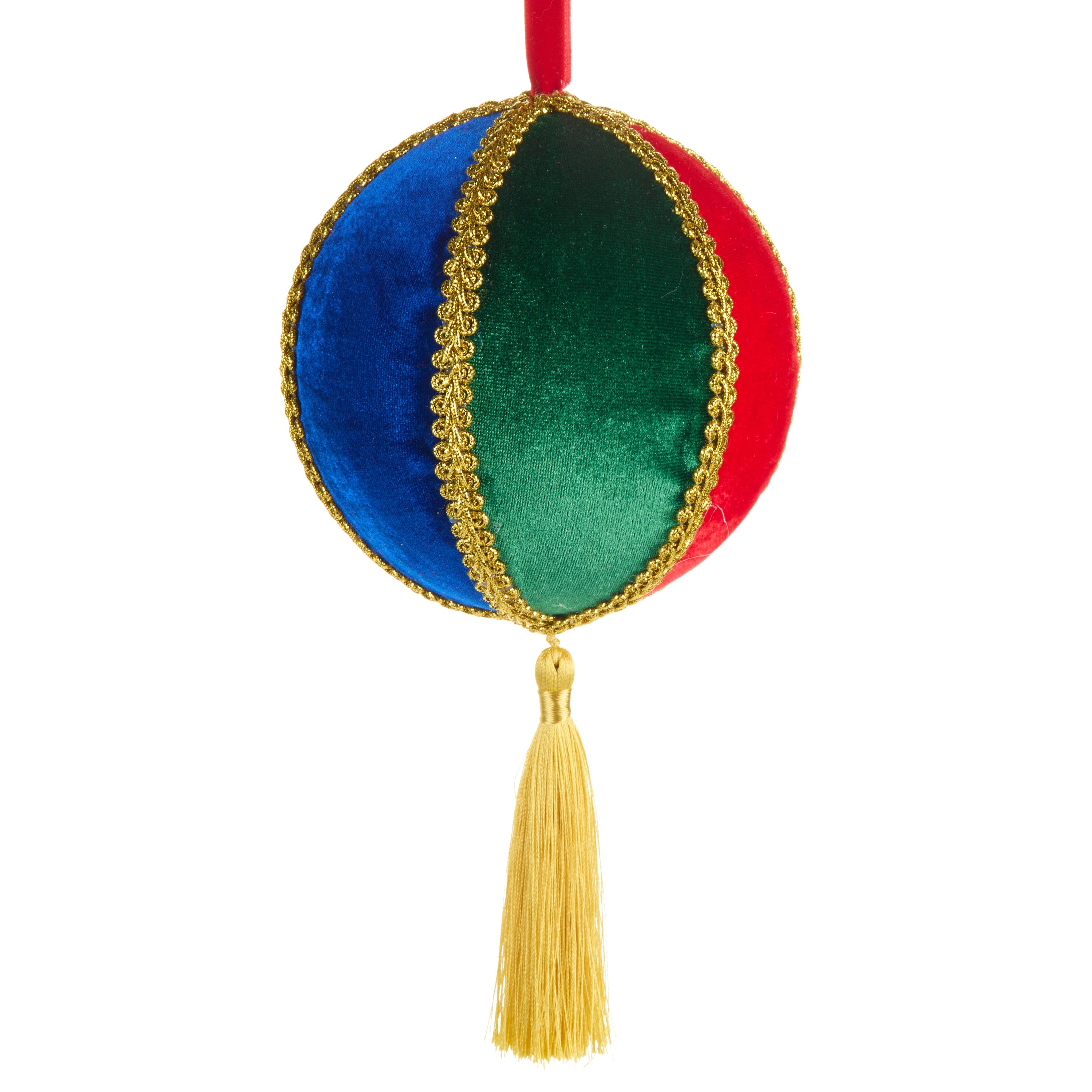 9-inch multicolor velvet Christmas ornament with gold trim and a yellow tassel.