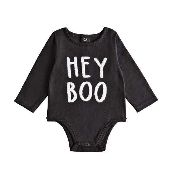 Long sleeve Halloween baby bodysuit in soft cotton rib with boucle embroidery.