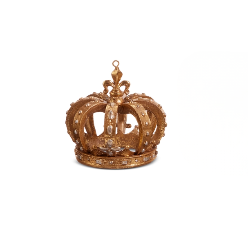 3.5-inch gold crown ornament made of resin with intricate detailing and a fleur-de-lis top.