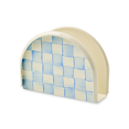 Hand-painted Sky Blue Check steel napkin holder with a heavy-gauge base.
