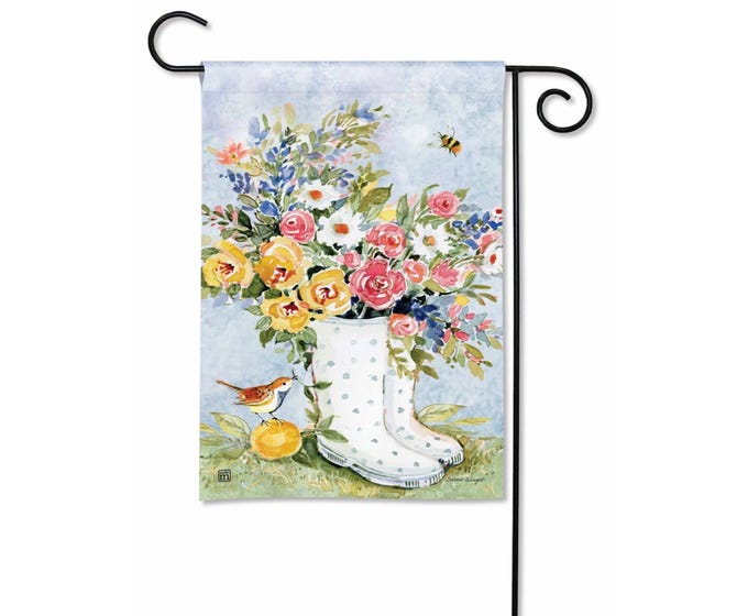 Garden flag with a watercolor painting of a bouquet of flowers in white polka dot boots, a bird on an orange, and a bee.