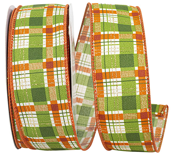 Moss green and orange plaid tonal season glitter wired edge ribbon on a spool.