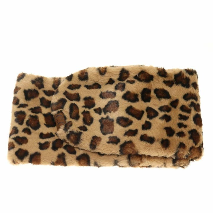 Leopard print faux fur scarf measuring 38 inches long by 6.5 inches wide.