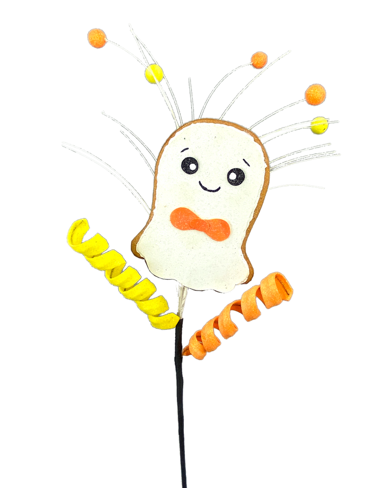 Ghost cookie spray with a smiling ghost, orange bow tie, and yellow and orange curly accents.