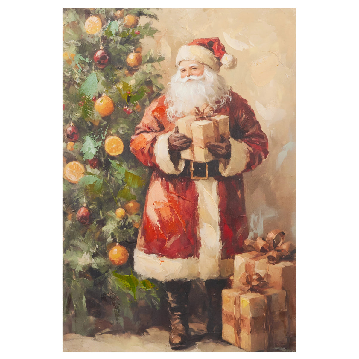 Classic Claus wall art featuring Santa holding a gift next to a decorated Christmas tree.