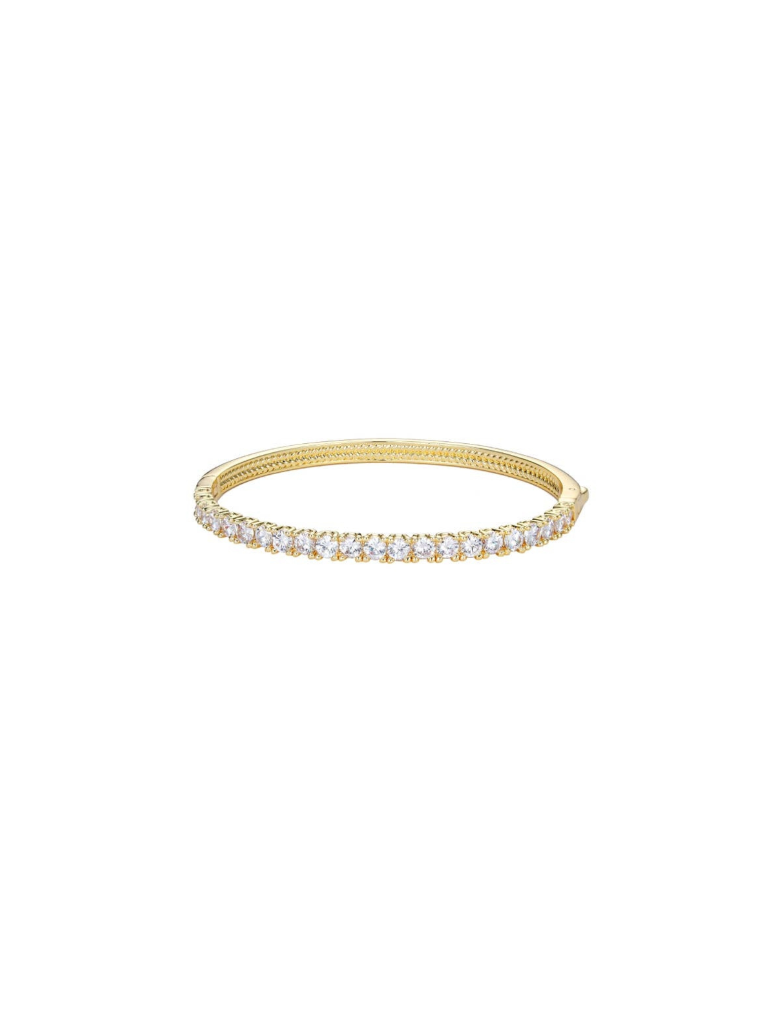Gold dipped bangle bracelet featuring a row of round-cut cubic zirconia stones in a prong setting.