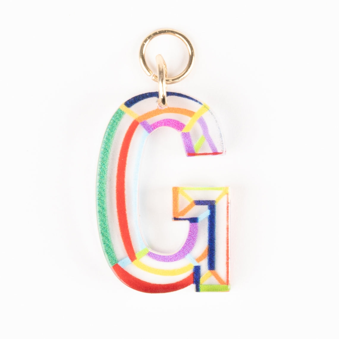 Marlow Initial Bag Charm featuring a clear acrylic letter G with colorful geometric line patterns.