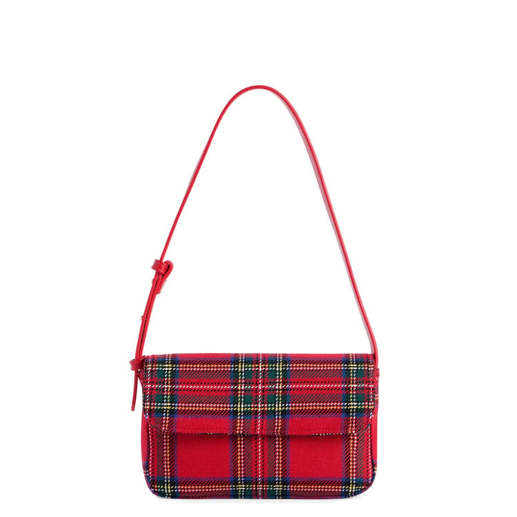 Scottie Shoulder Bag in red plaid tartan with a matching red adjustable shoulder strap.