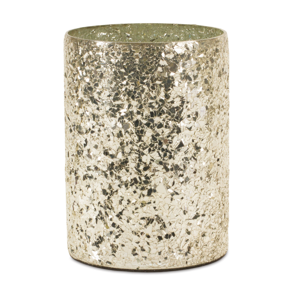 Cylindrical gold mercury glass candle holder with a textured, mosaic-like finish.
