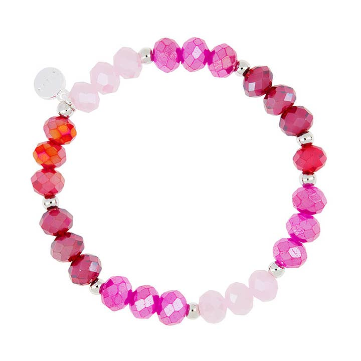 Clarksville Creation Bracelet with faceted glass beads in shades of pink, red, and magenta.