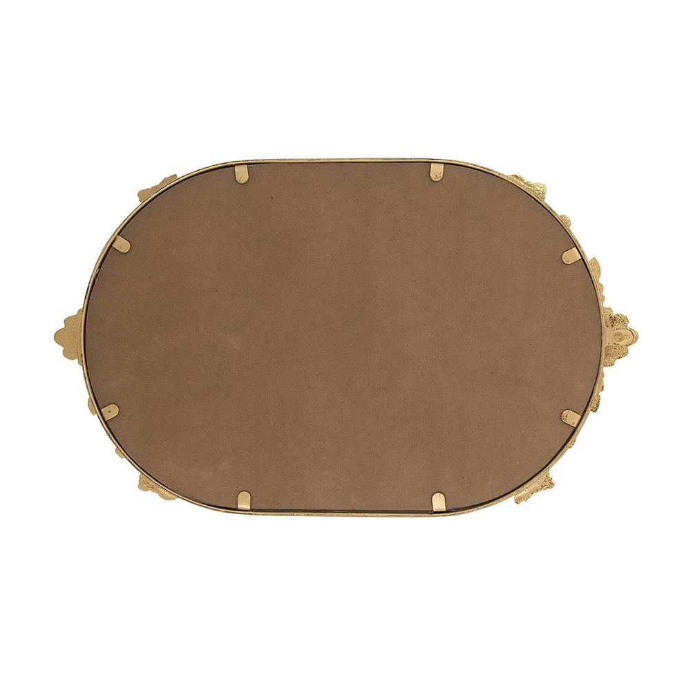 Gold iron frame mirror tray with intricate floral cutout patterns
