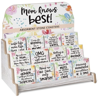 Display stand of 4x4 inch absorbent stone coasters with various humorous motherhood quotes.