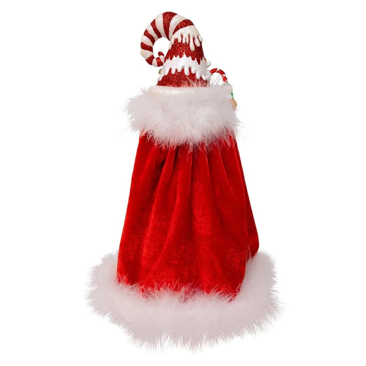 Back view of a 15-inch Santa nutcracker wearing a red velvet cape and a candy-themed hat.