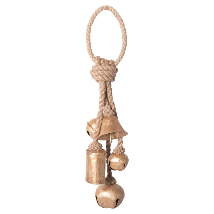 Decorative gold-finished metal bells of various shapes hanging from a knotted jute rope loop.
